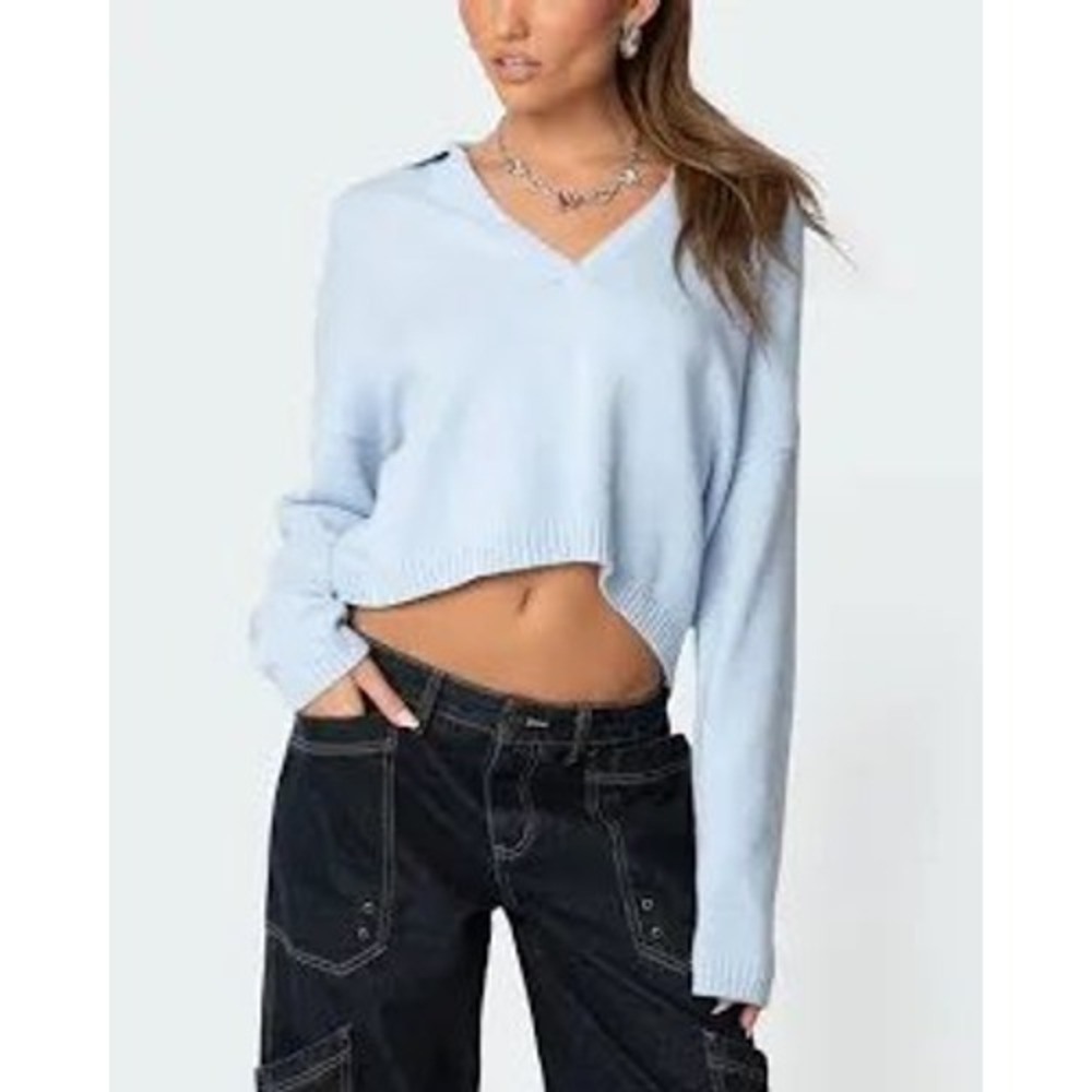 Edikted Light Blue Cropped Knit Sweater Spread Collar V-Neck Size S/M